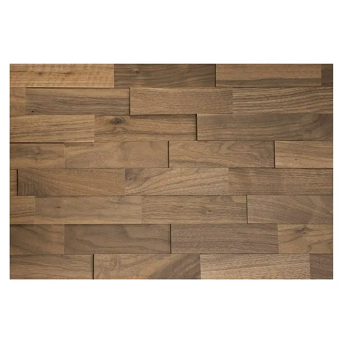 Wodewa Holzriemchen 200 Nussbaum - 100 Stk., L x B: 200 x 50 mm, 2 mm - 6 mm, Max. Anwendungsfläche: 1 m², Strukturiert unbehandelt - Das Foto zeigt eine Wandverkleidung aus Holzpaneelen. Die Paneele sind in verschiedenen Größen und Farbtönen gehalten.