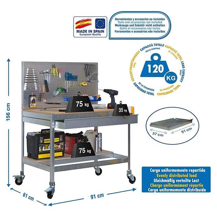 Simonrack Simonwork Banco de trabajo BT2 Box Mobile (L x An: 61 x 91 cm, Altura de trabajo: 152 cm, Carga soportada: 120 kg, Galvanizado) | BAUHAUS