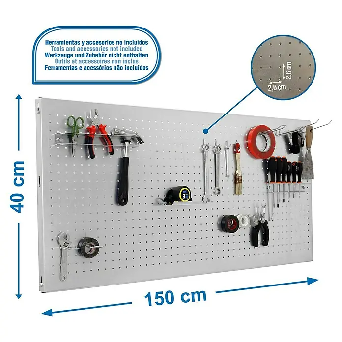 Simonrack Panelclick Panel perforado con 14 ganchos - L x An: 150 x 40 cm, Galvanizado - Panel de herramientas para guardar herramientas y accesorios, dimensiones 40 x 150 cm y distancia entre agujeros 2,6 cm.