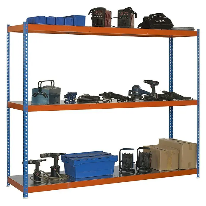 Simonrack Ecoforte Metallregal Ecoforte Metall - H x B x T: 150 x 150 x 45 cm, Traglast pro Boden: 400 kg, Anzahl Böden: 3 Stk., Stecken, Blau/Orange - Lagerregal mit drei Ebenen, gefüllt mit Werkzeugen und Behältern. Ideal für Werkstatt oder Lager.