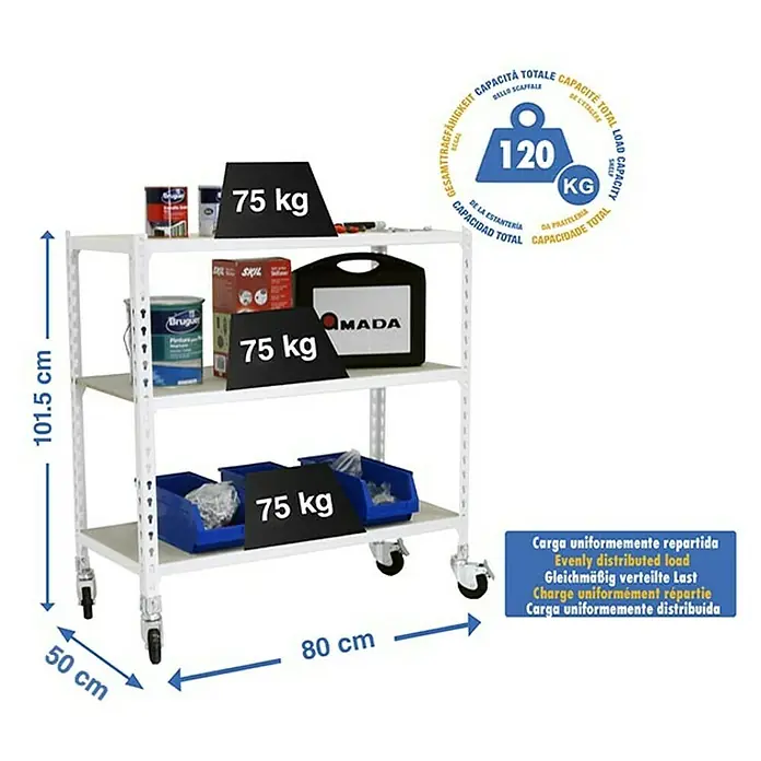 Simonrack Maderclick Estantería metálica Mobile Mini - Al x An x Pr: 97,5 x 80 x 50 cm, Número de baldas: 3 ud., Inserción, Blanco - Vista del producto de un carro blanco con tres estantes, cargado con 75 kg por nivel. La capacidad total de carga es de 120 kg.