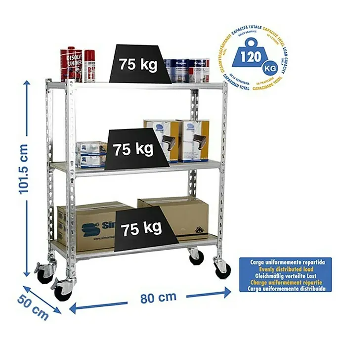 Simonrack Maderclick Estantería metálica Mobile Mini - Al x An x Pr: 97,5 x 80 x 50 cm, Número de baldas: 3 ud., Inserción, Galvanizado - Estantería rodante de color plateado con tres niveles cargados con mercancías y carteles negros que dicen "75 kg".