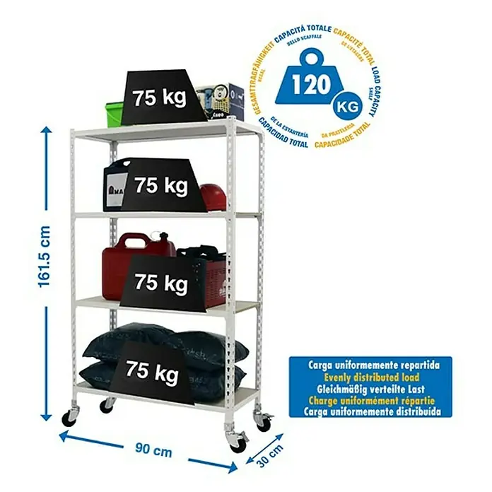 Simonrack Maderclick Estantería metálica Mobile - Al x An x Pr: 157,5 x 90 x 30 cm, Número de baldas: 4 ud., Inserción, Blanco - Estantería con cinco niveles y ruedas, se indican las dimensiones y los límites de carga.