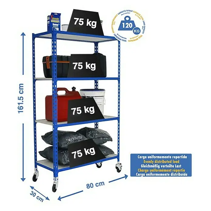 Simonrack Maderclick Estantería metálica Mobile Mini - Al x An x Pr: 157,5 x 80 x 30 cm, Número de baldas: 4 ud., Inserción, Azul - La imagen muestra una estantería resistente azul con 4 estantes y ruedas, con indicaciones de peso y dimensiones.