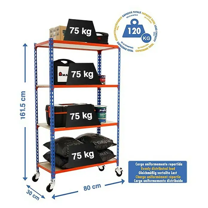 Simonrack Maderclick Estantería metálica Mobile Mini - Al x An x Pr: 157,5 x 80 x 30 cm, Número de baldas: 4 ud., Inserción, Azul/Naranja - Imagen de una estantería resistente azul y naranja con cuatro niveles y ruedas, cargada con artículos y un límite de peso de 120 kg.