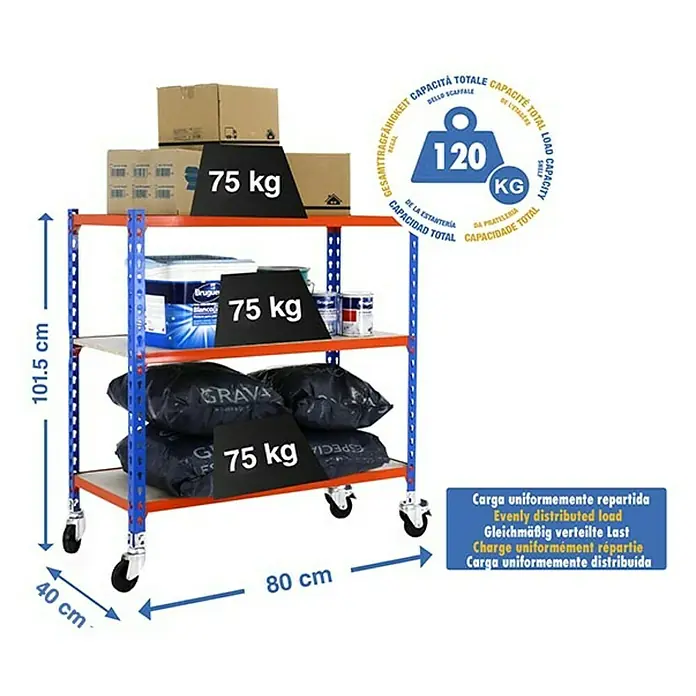 Simonrack Maderclick Estantería metálica Mobile Mini - Al x An x Pr: 97,5 x 80 x 40 cm, Número de baldas: 3 ud., Inserción, Azul/Naranja - Imagen del producto de una estantería metálica azul de tres niveles con ruedas, cargada con cajas, botes de pintura y sacos.