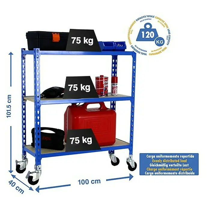Simonrack Maderclick Estantería metálica Mobile Plus - Al x An x Pr: 97,5 x 100 x 40 cm, Número de baldas: 3 ud., Inserción, Azul - Imagen de un carrito azul con tres estantes, cargado con herramientas y accesorios, con una capacidad de carga total de 120 kg.