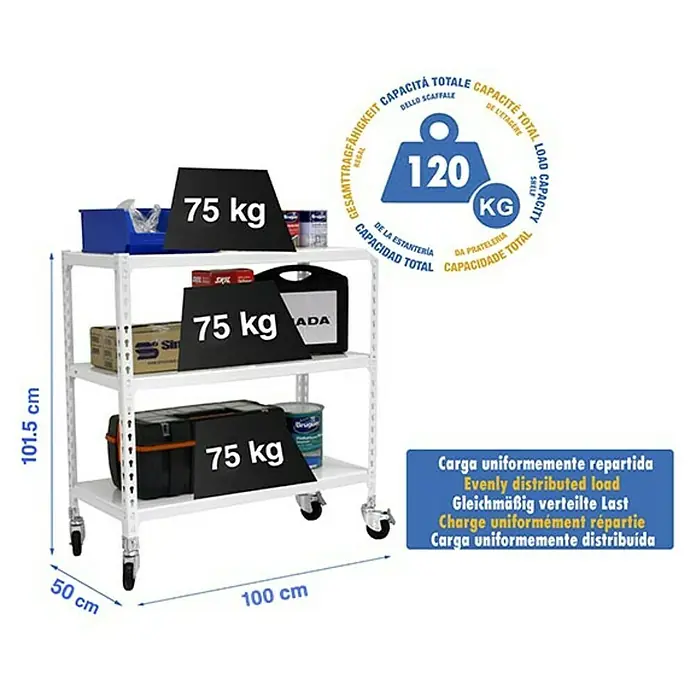 Simonrack Simonclick Estantería metálica Mobile Plus - Al x An x Pr: 97,5 x 100 x 50 cm, Número de baldas: 3 ud., Inserción, Blanco - Imagen del producto de una estantería rodante blanca con tres estantes, llenos de herramientas y contenedores, e información de capacidad de carga.
