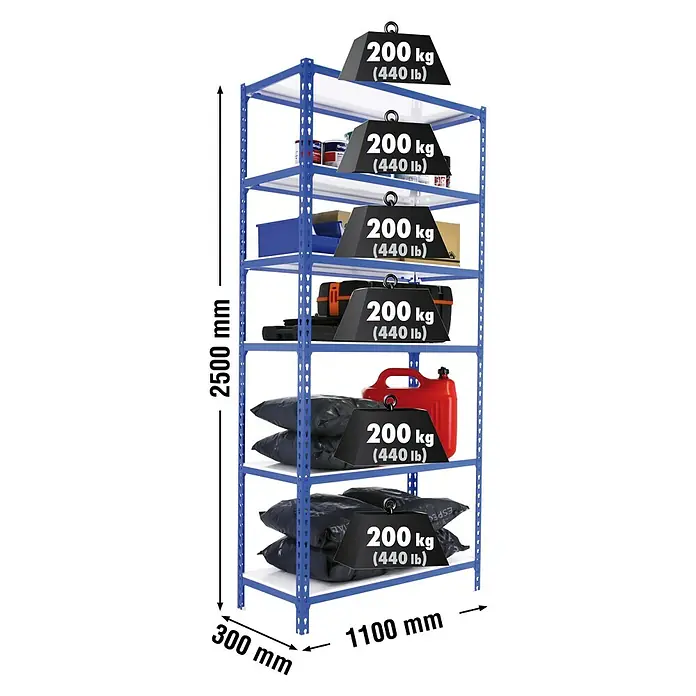 Simonrack Simonclick Metallregal Simonclick Super Plus - H x B x T: 250 x 110 x 30 cm, Traglast pro Boden: 200 kg, Anzahl Böden: 6 Stk., Stecken, Blau/Weiß - Abbildung eines blauen Schwerlastregals mit sechs Fächern, belastet mit Gewichten und verschiedenen Gegenständen, inklusive Maßangaben.