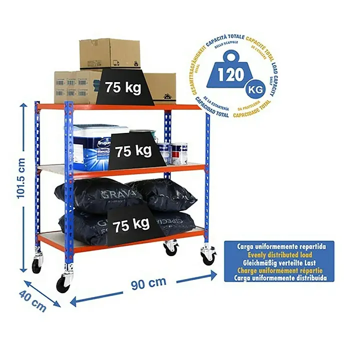 Simonrack Maderclick Estantería metálica Mobile - Al x An x Pr: 97,5 x 90 x 40 cm, Número de baldas: 3 ud., Inserción, Azul/Naranja - Carro con tres estantes, cargado con cajas, botes de pintura y sacos, con la carga máxima indicada.