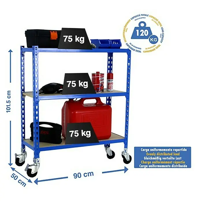 Simonrack Maderclick Estantería metálica Mobile - Al x An x Pr: 97,5 x 90 x 50 cm, Número de baldas: 3 ud., Inserción, Azul - En la imagen: Carro azul con tres estantes, soporta hasta 120 kg, ideal para taller o garaje.