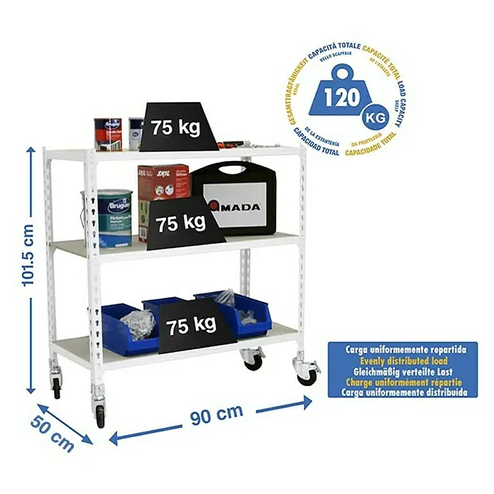 Simonrack Maderclick Estantería metálica Mobile - Al x An x Pr: 97,5 x 90 x 50 cm, Número de baldas: 3 ud., Inserción, Blanco - Imagen de una estantería blanca con ruedas de tres niveles, varios objetos colocados y indicaciones de peso de carga distribuida uniformemente.