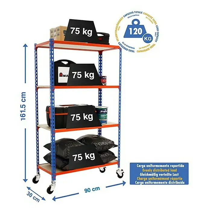 Simonrack Maderclick Estantería metálica Mobile - Al x An x Pr: 157,5 x 90 x 30 cm, Número de baldas: 4 ud., Inserción, Azul/Naranja - Estantería de cuatro niveles cargada con 75 kg por nivel, capacidad total de 120 kg, dimensiones 161.5x90x30 cm.