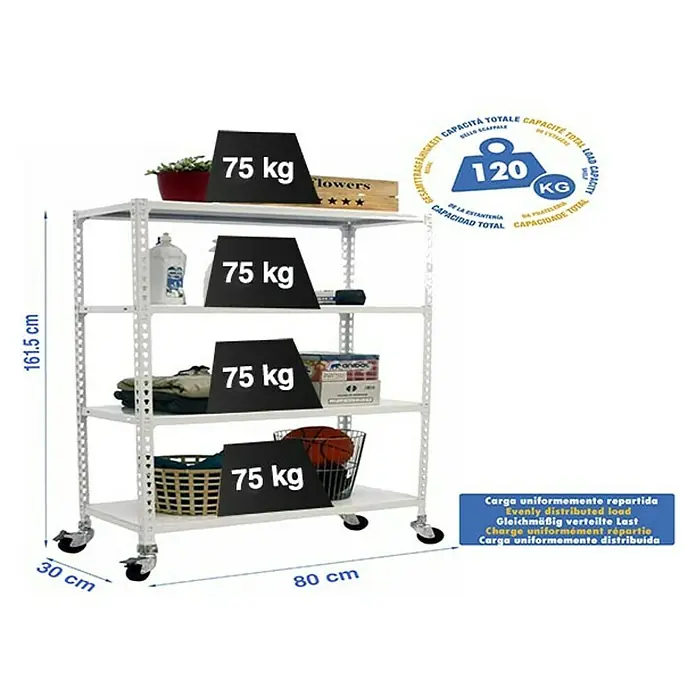 Simonrack Simonclick Estantería metálica Mobile Mini - Al x An x Pr: 157,5 x 80 x 30 cm, Número de baldas: 4 ud., Inserción, Blanco - Imagen de la estantería metálica blanca con cuatro estantes y ruedas, que se anuncia con una capacidad de carga máxima de 120 kg.