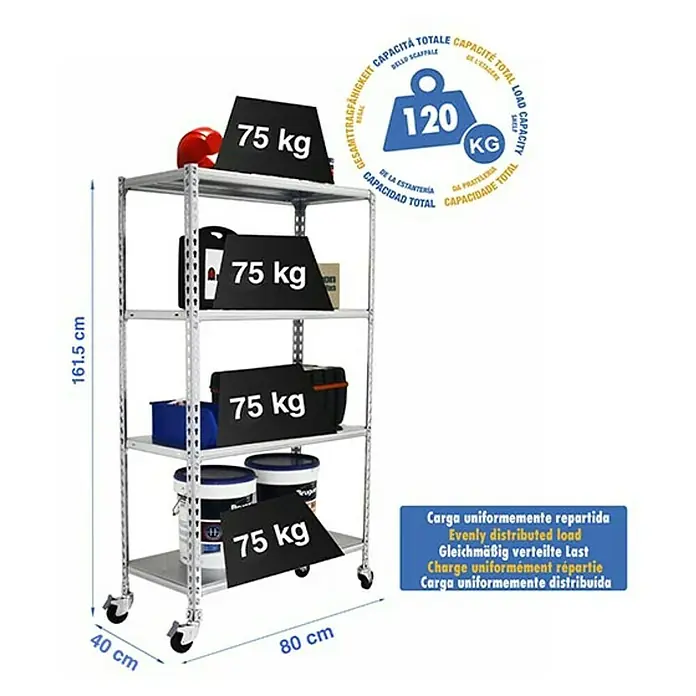 Simonrack Simonclick Estantería metálica Mobile Mini - Al x An x Pr: 150 x 80 x 40 cm, Número de baldas: 4 ud., Inserción, Blanco - La imagen muestra una estantería plateada para cargas pesadas con cuatro niveles sobre ruedas, cada nivel soporta 75 kg, carga total 120 kg.