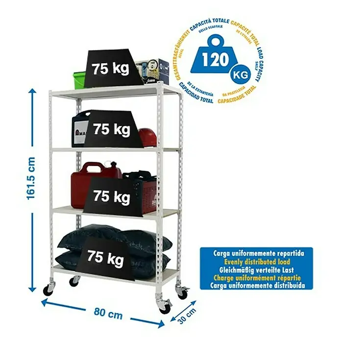 Simonrack Maderclick Estantería metálica Mobile Mini - Al x An x Pr: 157,5 x 80 x 30 cm, Número de baldas: 4 ud., Inserción, Blanco - Imagen de una estantería blanca resistente con cinco niveles, cargada con 75 kg cada una, dimensiones 161,5 cm x 80 cm x 30 cm, carga máxima 120 kg.