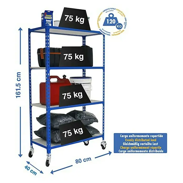 Simonrack Maderclick Estantería metálica Mobile Mini - Al x An x Pr: 157,5 x 80 x 40 cm, Número de baldas: 4 ud., Inserción, Azul - Imagen de una estantería azul de cuatro niveles, cargada con varios artículos y pesos de hasta 75 kg cada uno.