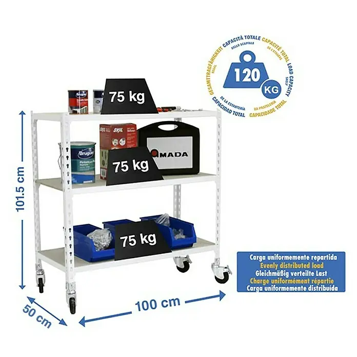 Simonrack Maderclick Estantería metálica Mobile Plus - Al x An x Pr: 97,5 x 100 x 50 cm, Número de baldas: 3 ud., Inserción, Blanco - Carro con tres estantes, diseñado para una capacidad de carga total de 120 kg.