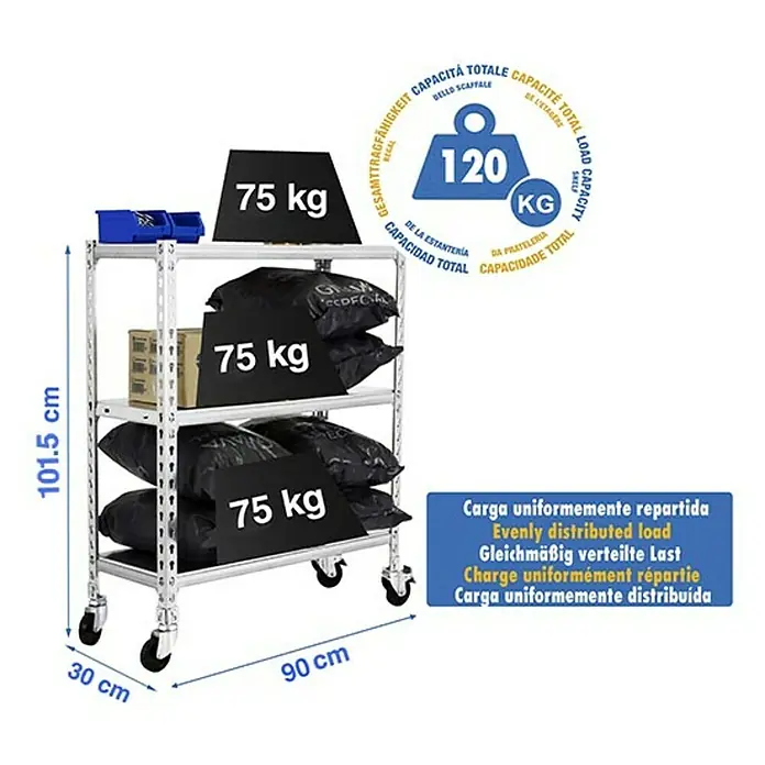 Simonrack Simonclick Estantería metálica Mobile - Al x An x Pr: 97,5 x 90 x 30 cm, Número de baldas: 3 ud., Inserción, Galvanizado - Imagen de una estantería resistente de tres niveles, capacidad de carga de hasta 120 kg, ideal para almacenamiento y taller.