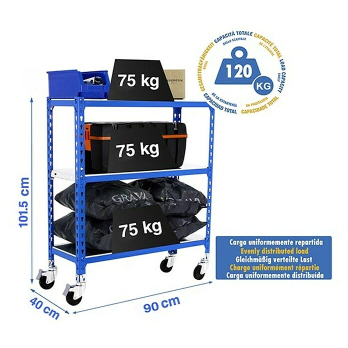Simonrack Simonclick Estantería metálica Mobile (Al x An x Pr: 97,5 x 90 x 40 cm, Capacidad de carga: 225 kg, Número de baldas: 3 ud., Inserción, Azul) | BAUHAUS