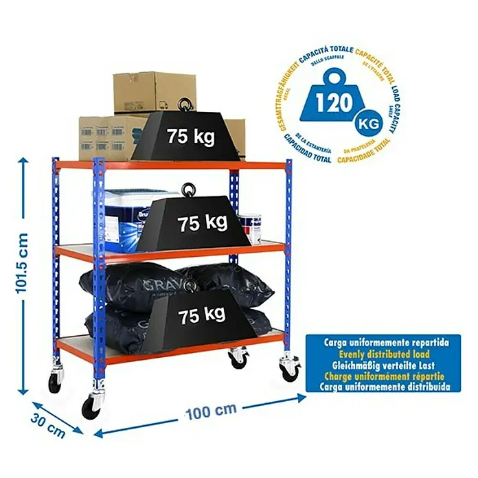 Simonrack Maderclick Estantería metálica Mobile Plus - Al x An x Pr: 97,5 x 100 x 30 cm, Número de baldas: 3 ud., Inserción, Azul/Naranja - Imagen del producto de una estantería resistente azul y naranja con tres estantes y ruedas, cargada con pesas y cajas.
