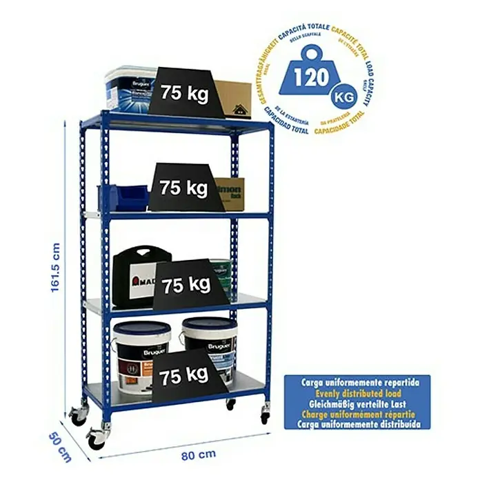 Simonrack Simonclick Estantería metálica Mobile Mini - Al x An x Pr: 157,5 x 80 x 50 cm, Número de baldas: 4 ud., Inserción, Azul - Carro con estantes de cuatro niveles con cubos de pintura, cajas y maletines de herramientas. Capacidad de carga máxima: 120 kg.