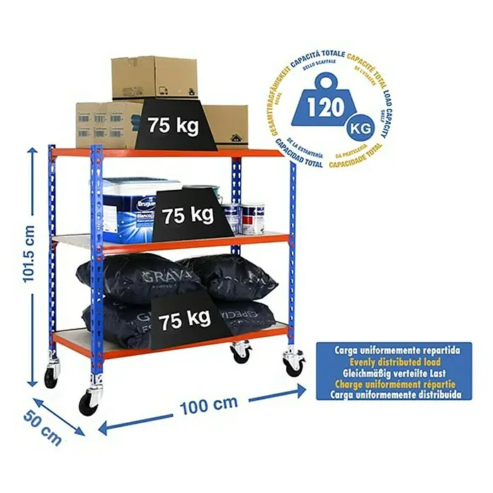 Simonrack Maderclick Estantería metálica Mobile Plus - Al x An x Pr: 97,5 x 100 x 50 cm, Número de baldas: 3 ud., Inserción, Azul/Naranja - Imagen del producto de una estantería de almacenamiento rodante con tres estantes, cargada con cajas, cubos de pintura y sacos.