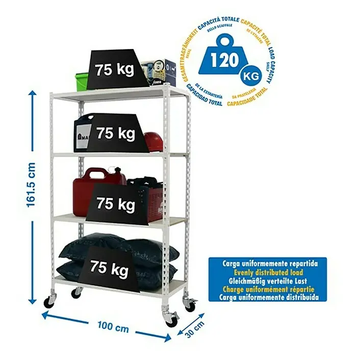 Simonrack Maderclick Estantería metálica Mobile Plus - Al x An x Pr: 157,5 x 100 x 30 cm, Número de baldas: 4 ud., Inserción, Blanco - Estantería con cinco estantes, cada uno cargado con 75 kg, capacidad de carga total 120 kg, dimensiones 161,5 x 100 x 30 cm.