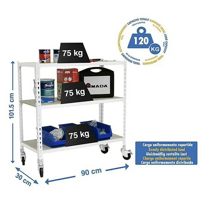 Simonrack Maderclick Estantería metálica Mobile - Al x An x Pr: 97,5 x 90 x 30 cm, Número de baldas: 3 ud., Inserción, Blanco - Carro con tres estantes y ruedas. Capacidad de carga máxima 120 kg, distribuida uniformemente 75 kg por estante.