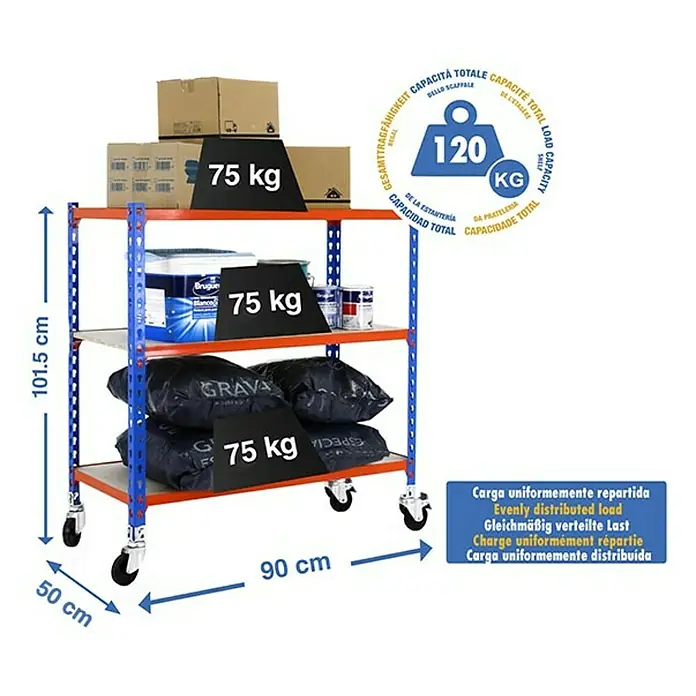 Simonrack Maderclick Estantería metálica Mobile - Al x An x Pr: 97,5 x 90 x 50 cm, Número de baldas: 3 ud., Inserción, Azul/Naranja - Imagen de una estantería azul con ruedas, cargada con cajas, pintura y sacos de cemento, con indicaciones de peso y dimensiones.