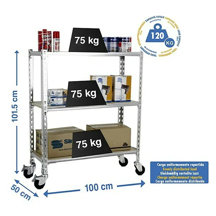 Simonrack Maderclick Estantería metálica Mobile Plus - Al x An x Pr: 97,5 x 100 x 50 cm, Número de baldas: 3 ud., Inserción, Galvanizado - Estantería con tres estantes, ruedas, dimensiones e información de peso.
