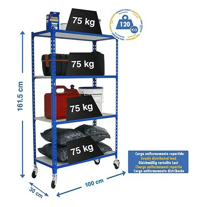 Simonrack Maderclick Estantería metálica Mobile Plus - Al x An x Pr: 157,5 x 100 x 30 cm, Número de baldas: 4 ud., Inserción, Azul - Estantería de cuatro niveles con ruedas, de 161,5 cm de alto, 100 cm de ancho y 30 cm de profundidad, con una capacidad de carga máxima de 120 kg.