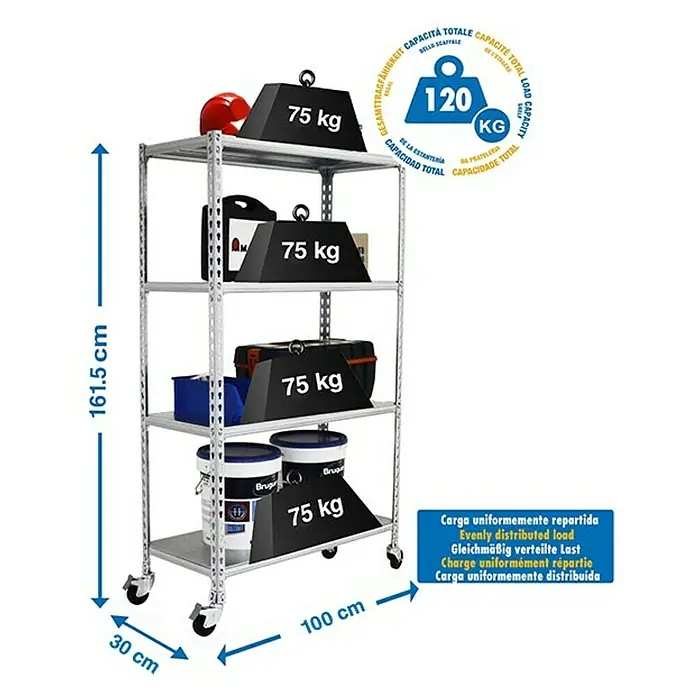 Simonrack Simonclick Estantería metálica Mobile Plus - Al x An x Pr: 150 x 100 x 30 cm, Número de baldas: 4 ud., Inserción, Blanco - Imagen del producto de una estantería plateada de alta resistencia con 4 niveles y ruedas, cargable hasta 120 kg, con indicaciones de peso en cada nivel.