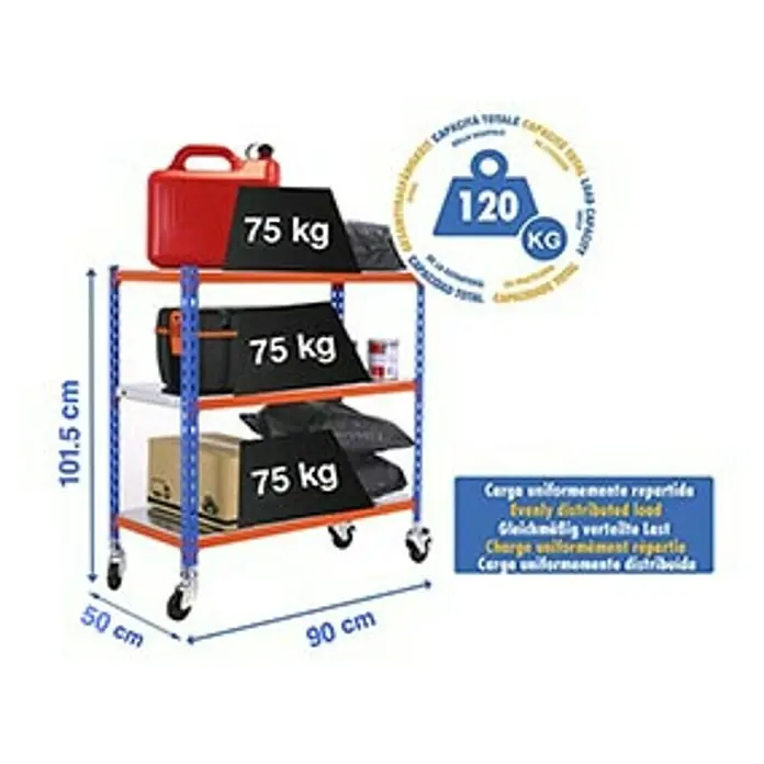 Simonrack Simonclick Estantería metálica Mobile - Al x An x Pr: 9 x 9 x 50 cm, Número de baldas: 3 ud., Inserción, Azul/Naranja - Imagen de una estantería resistente azul y naranja de tres niveles con ruedas, con indicaciones de peso y dimensiones.