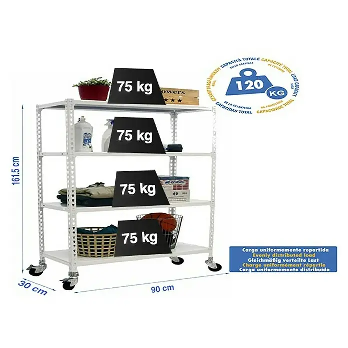 Simonrack Simonclick Estantería metálica Mobile - Al x An x Pr: 157,5 x 90 x 30 cm, Número de baldas: 4 ud., Inserción, Blanco - Estantería de cuatro niveles con ruedas e indicaciones de capacidad: 75 kg por estante, 120 kg total.