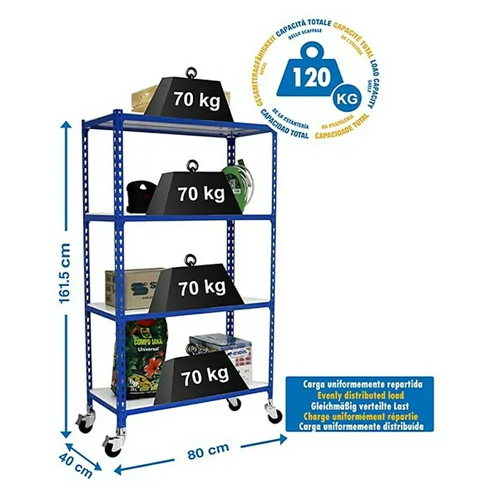 Simonrack Simonclick Estantería metálica Mobile Mini - Al x An x Pr: 157,5 x 80 x 40 cm, Número de baldas: 4 ud., Inserción, Azul/Blanco - Imagen de una estantería resistente azul con cuatro niveles, cargada con pesos para demostrar su capacidad de carga.