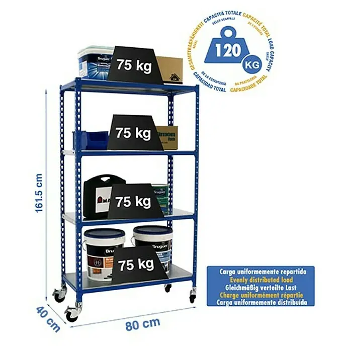 Simonrack Simonclick Estantería metálica Mobile Mini - Al x An x Pr: 157,5 x 80 x 40 cm, Número de baldas: 4 ud., Inserción, Azul - Estantería azul con cuatro estantes y ruedas, cada estante soporta 75 kg, la capacidad de carga total es de 120 kg.