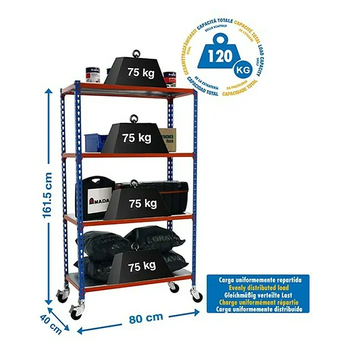 Simonrack Simonclick Estantería metálica Mobile Mini - Al x An x Pr: 157,5 x 80 x 40 cm, Número de baldas: 4 ud., Inserción, Azul/Naranja - Imagen de un estante de almacenamiento resistente con cuatro niveles, cargado con pesas y varios artículos.