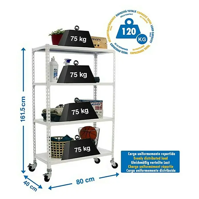 Simonrack Simonclick Estantería metálica Mobile Mini - Al x An x Pr: 157,5 x 80 x 40 cm, Número de baldas: 4 ud., Inserción, Blanco - Imagen de un estante rodante blanco con cuatro estantes, cada uno cargado con 75 kg. La altura total es de 161,5 cm.