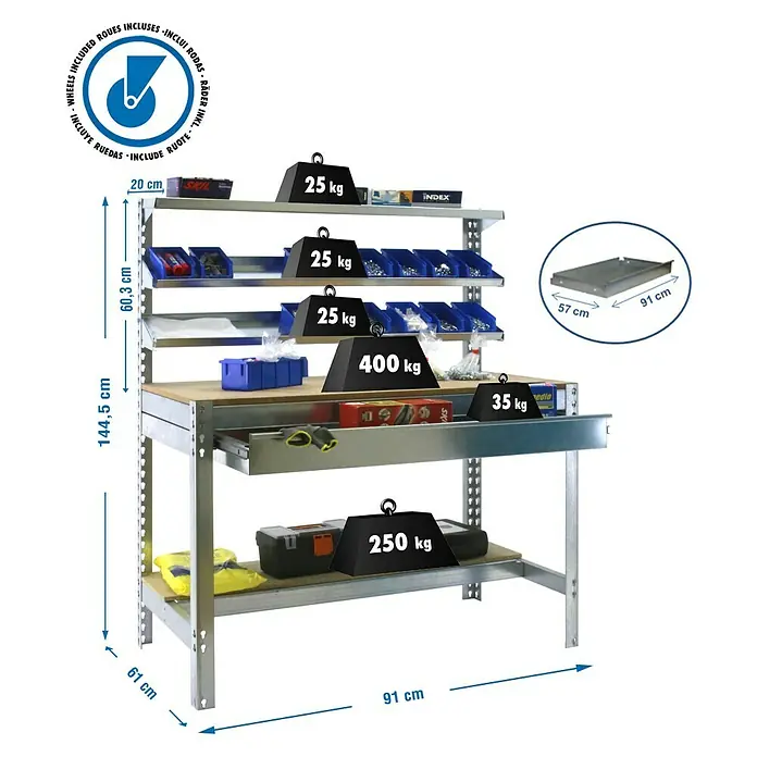 Simonrack Simonwork Banco de trabajo BT1 Box Mobile - L x An: 61 x 91 cm, Altura de trabajo: 152 cm, Carga soportada: 120 kg, Galvanizado - Imagen de una mesa de taller con estantes y cajón, con una capacidad de carga de hasta 400 kg, incluyendo ruedas.