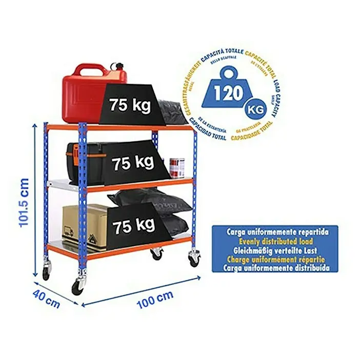 Simonrack Simonclick Estantería metálica Mobile Plus - Al x An x Pr: 97,5 x 100 x 40 cm, Número de baldas: 3 ud., Inserción, Azul/Naranja - Imagen de una estantería de almacenamiento azul y naranja de tres niveles con una capacidad de carga de 120 kg.
