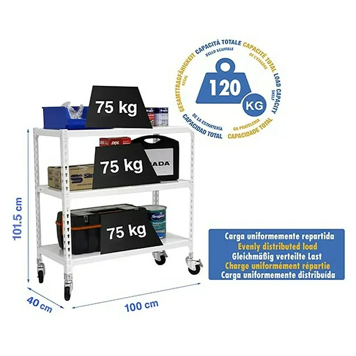 Simonrack Simonclick Estantería metálica Mobile Plus - Al x An x Pr: 97,5 x 100 x 40 cm, Número de baldas: 3 ud., Inserción, Blanco - Imagen del producto de una estantería rodante blanca de tres estantes, cargada con herramientas y materiales.