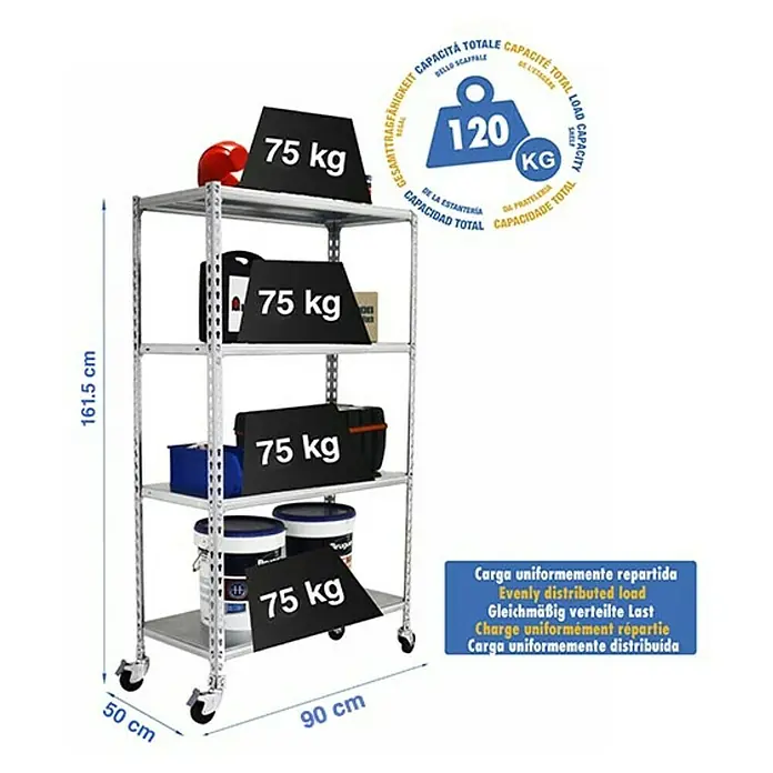Simonrack Simonclick Estantería metálica Mobile - Al x An x Pr: 150 x 90 x 50 cm, Número de baldas: 4 ud., Inserción, Blanco - Imagen de una estantería gris para cargas pesadas con cuatro estantes y ruedas, cada estante puede cargarse hasta 75 kg.