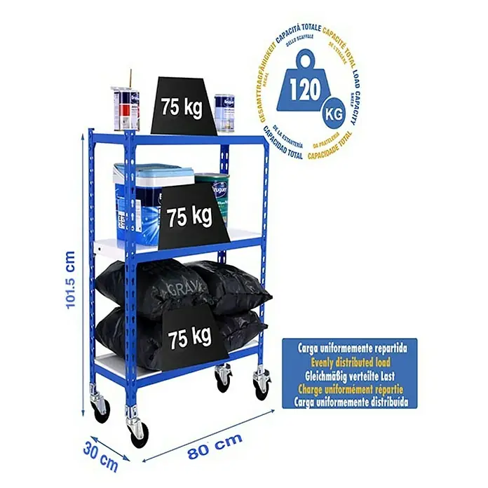 Simonrack Simonclick Estantería metálica Mobile Mini - Al x An x Pr: 97,5 x 80 x 30 cm, Número de baldas: 3 ud., Inserción, Azul/Blanco - Carro con tres estantes cargado con botes de pintura y sacos de arena, con dimensiones.