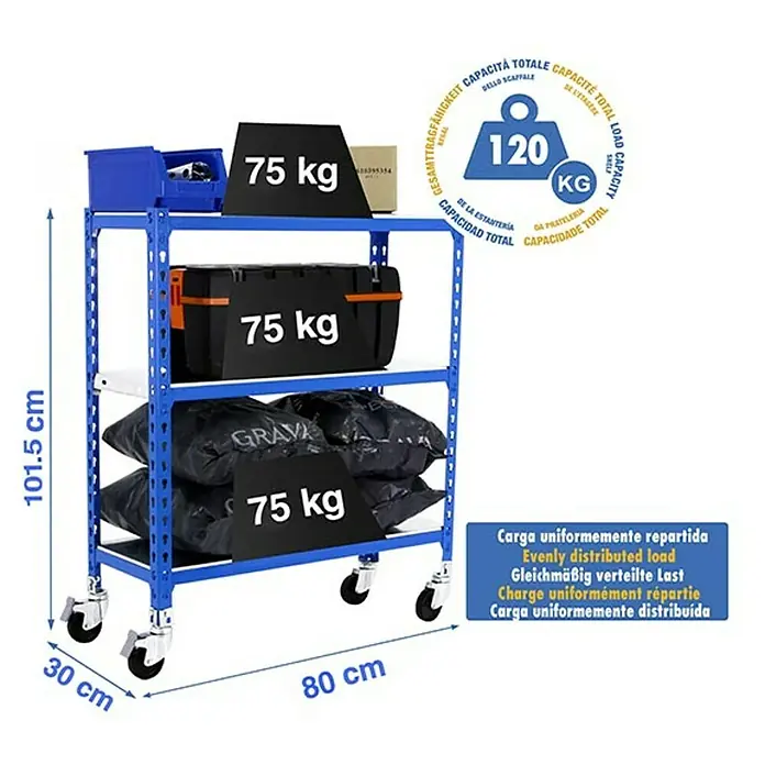 Simonrack Simonclick Estantería metálica Mobile Mini - Al x An x Pr: 97,5 x 80 x 30 cm, Número de baldas: 3 ud., Inserción, Azul - Carro de tres niveles con una capacidad de carga de 120 kg, que mide 101,5 cm de alto, 80 cm de ancho y 30 cm de profundidad.