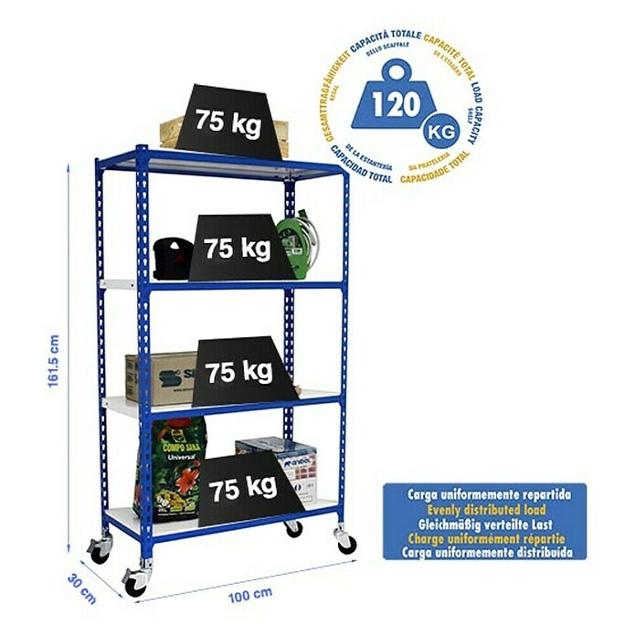 Simonrack Simonclick Estantería metálica Mobile Plus (Al x An x Pr: 157,5 x 100 x 30 cm, Capacidad de carga: 300 kg, Número de baldas: 4 ud., Inserción, Azul/Blanco) | BAUHAUS