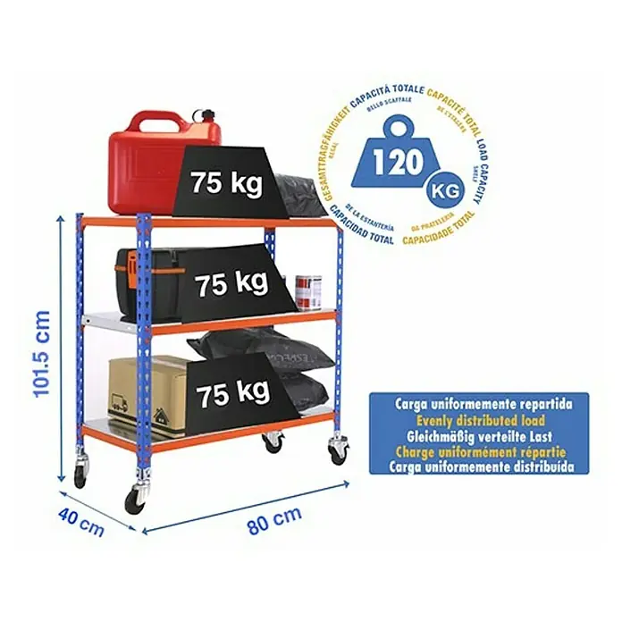 Simonrack Simonclick Estantería metálica Mobile Mini - Al x An x Pr: 90 x 80 x 40 cm, Número de baldas: 3 ud., Inserción, Azul/Naranja - Carro de tres niveles con capacidad de carga de 120 kg, ideal para taller o almacén.\n