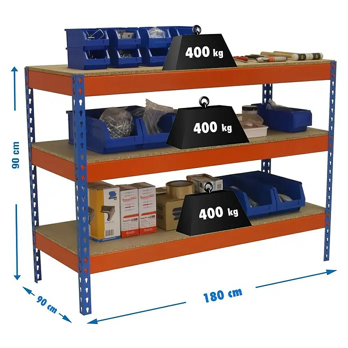 Simonrack Simonwork Werkbank Basic 3 - L x B: 90 x 180 cm, Arbeitshöhe: 90 cm, Belastbarkeit: 400 kg, Orange/Blau - Abbildung eines Schwerlastregals mit drei Ebenen, belastbar mit 400 kg pro Ebene, mit den Maßen 180 cm Länge und 90 cm Tiefe.