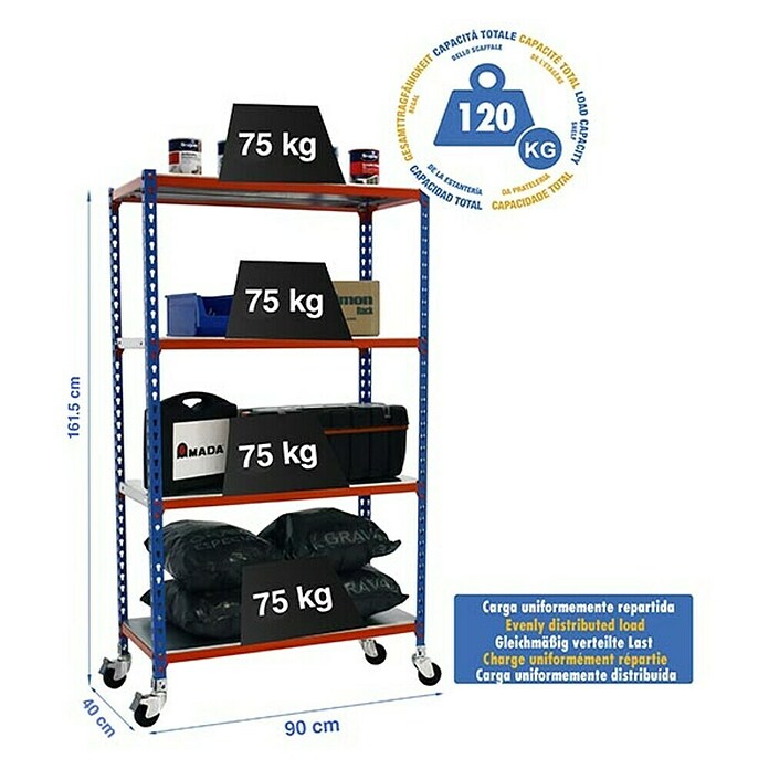 Simonrack Simonclick Estantería metálica Mobile (Al x An x Pr: 157,5 x 90 x 40 cm, Capacidad de carga: 300 kg, Número de baldas: 4 ud., Inserción, Azul/Naranja) | BAUHAUS