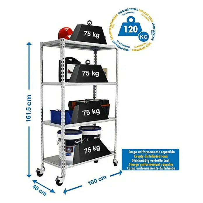Simonrack Simonclick Estantería metálica Mobile - Al x An x Pr: 150 x 90 x 40 cm, Número de baldas: 4 ud., Inserción, Blanco - Ilustración de una estantería plateada de alta resistencia con cuatro niveles e indicaciones de peso.